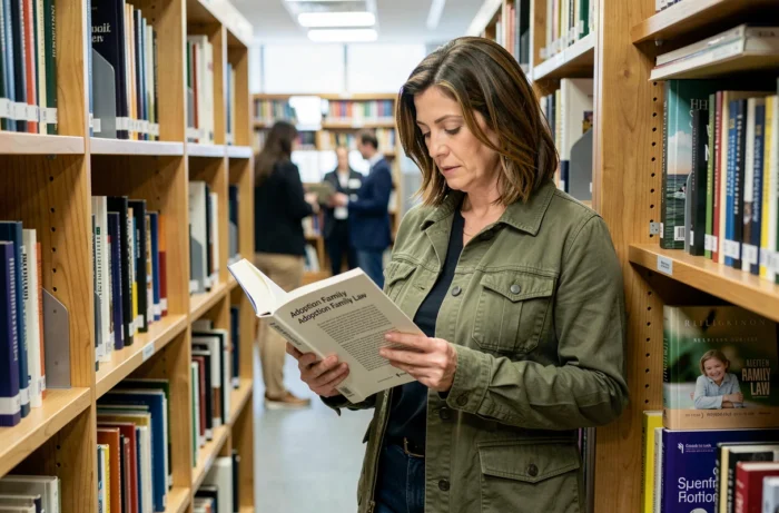 Femme seule consultant des ressources sur l'adoption dans une bibliothèque publique, entourée de livres sur le droit de la famille et les procédures d'adoption