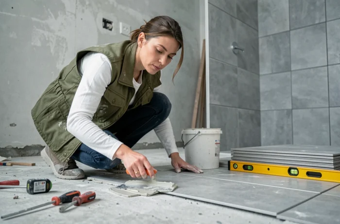Femme posant du carrelage dans une salle de bain en cours de rénovation