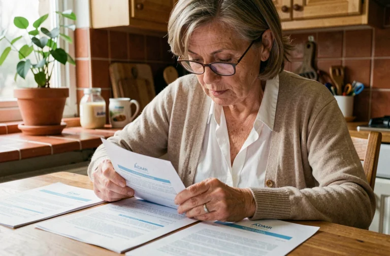Femme senior lisant attentivement des documents ADMR à sa table de cuisine pour éviter les erreurs de facturation