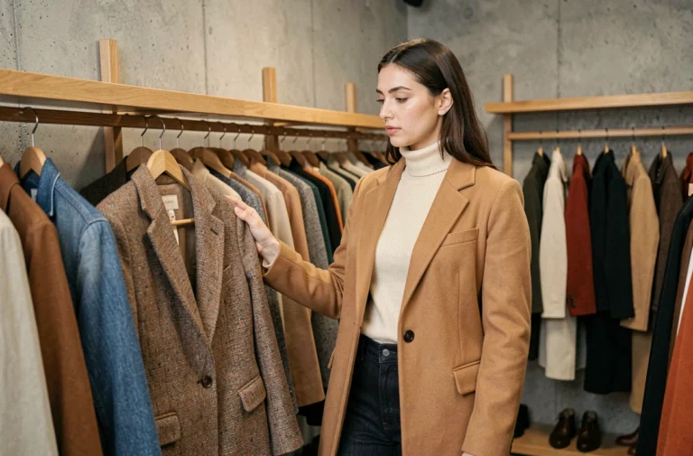 Femme en manteau camel feuilletant des vêtements tendance dans une boutique minimaliste aux murs en béton brut