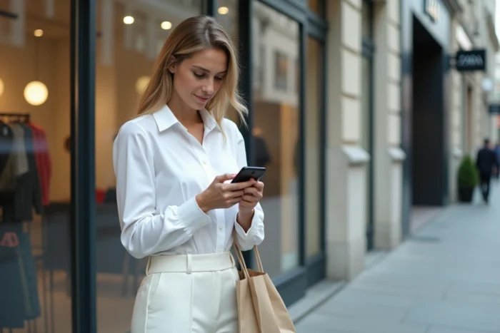 Femme consultant son smartphone devant un magasin Zara pour demander un remboursement après un achat