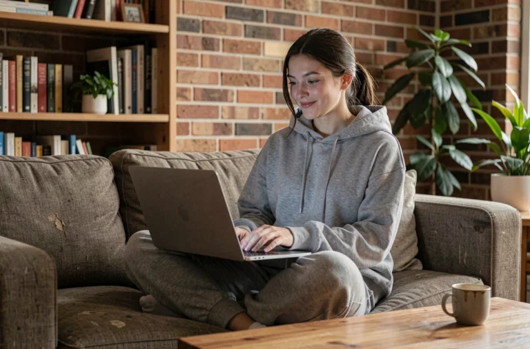 Jeune femme regardant une série en streaming sur son ordinateur portable depuis son canapé à la maison