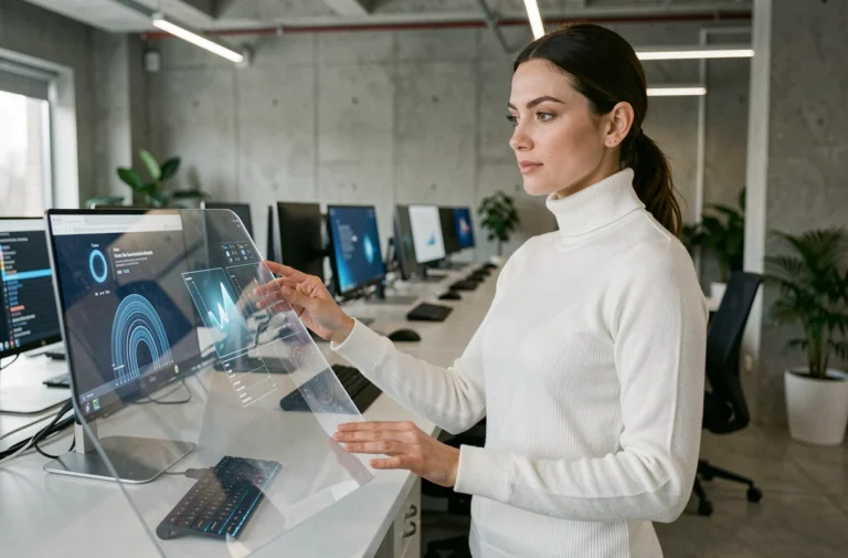 Femme professionnelle interagissant avec un écran OLED transparent dans un bureau technologique moderne