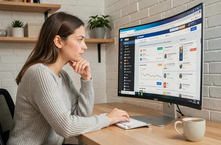 Femme concentrée effectuant sa veille sur le web depuis un bureau moderne avec plusieurs onglets de flux RSS ouverts sur un grand écran