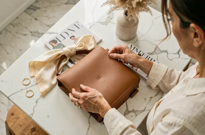 Flat lay d'accessoires de mode élégants sur un plan de travail en marbre blanc