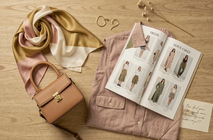 Plat pose d'accessoires et vêtements de mode tendance sur une surface en bois clair style éditorial