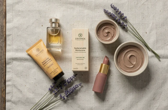Flat lay de produits beauté français tendance incluant parfum, crème hydratante durable, rouge à lèvres rechargeable et masque à l'argile sur fond en lin naturel