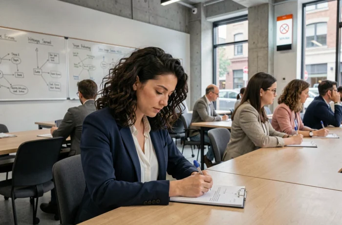 Femme adulte en formation professionnelle dans une salle de cours moderne en région
