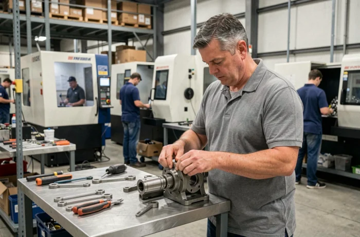 Homme en formation technique et artisanale dans un atelier de lycée professionnel en région