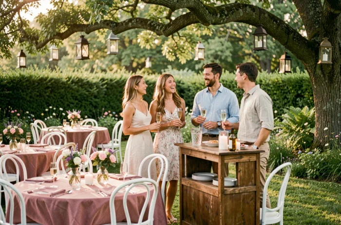 Groupe d'amis riant lors d'une garden party privée dans un jardin fleuri avec décoration vintage et bar à champagne