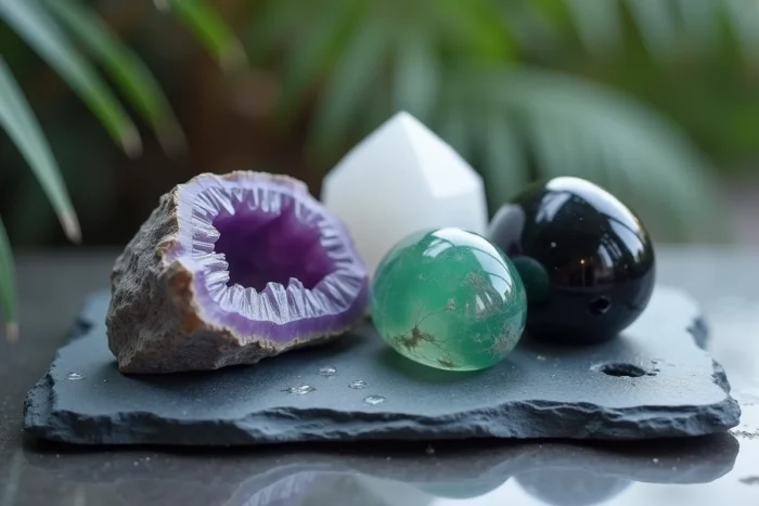 Gros plan sur des pierres anti-anxiété variées comme la tourmaline noire, l'howlite et l'aventurine verte sur ardoise grise