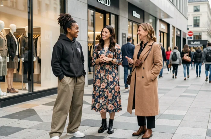 Trois femmes aux styles vestimentaires variés devant une boutique de mode en milieu urbain