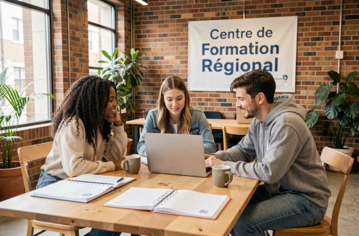 Groupe de jeunes adultes en formation collaborative dans un espace coworking d'un centre de formation régional