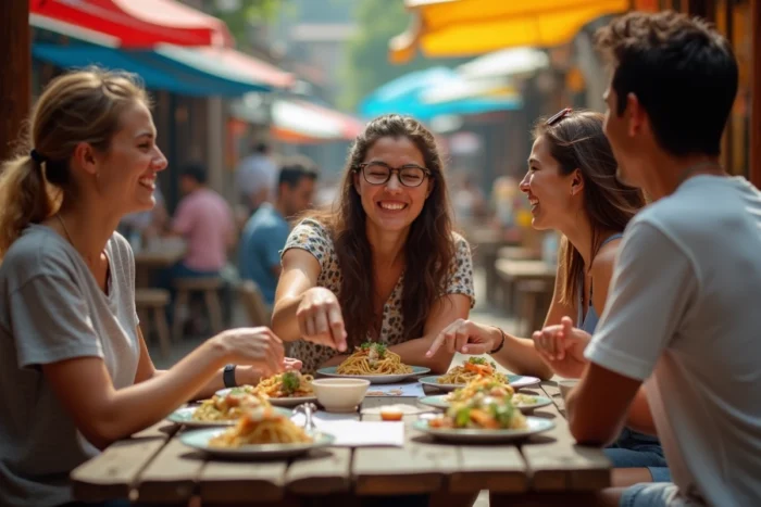 Groupe de voyageurs partageant des plats locaux et consultant un guide touristique dans un marché en plein air