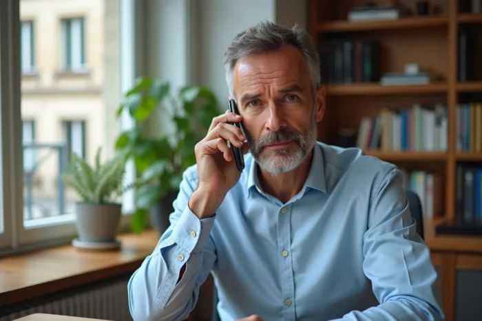 Homme consultant son téléphone pour identifier un appel entrant avec l'indicatif 04 12 en France