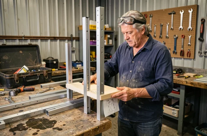 Homme assemblant une étagère en kit dans un garage atelier avec des outils