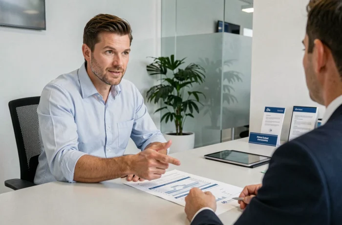 Homme discutant d'un plan de financement avec un conseiller bancaire dans une agence moderne