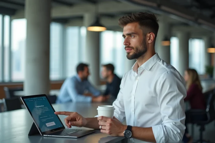 Jeune homme entrepreneur sélectionnant une formation en entrepreneuriat en ligne dans un espace de coworking moderne
