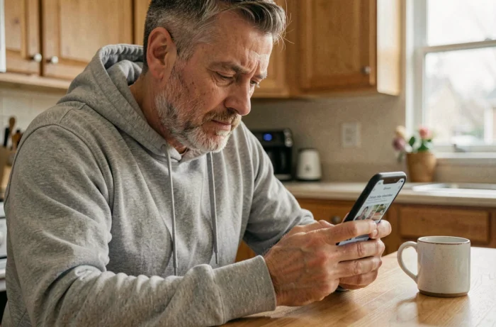 Homme consultant l'actualité du moment sur son smartphone à la table de sa cuisine
