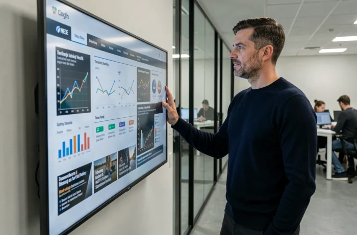 Homme consultant des actualités technologiques sur un écran interactif dans un laboratoire d'innovation contemporain