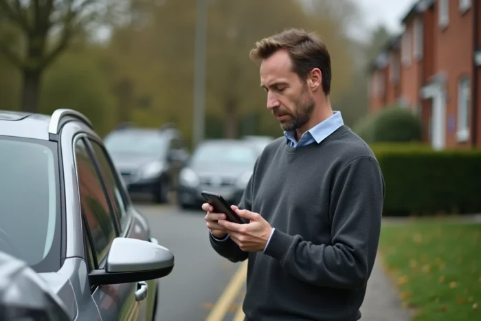 Homme utilisant un smartphone pour évaluer son véhicule avant de choisir une assurance auto