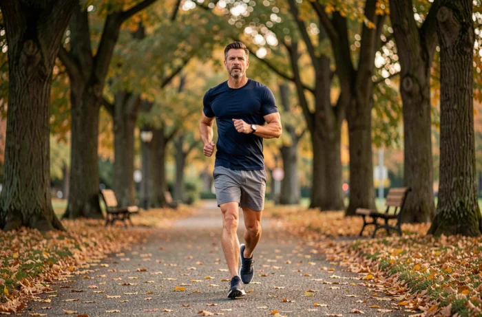 Homme en train de courir dans un parc en automne dans le cadre d'une perte de poids naturelle et durable