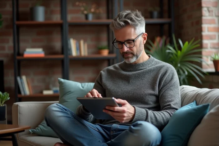 Homme lisant des avis consommateurs sur une tablette depuis son salon pour s'informer sur Critelab