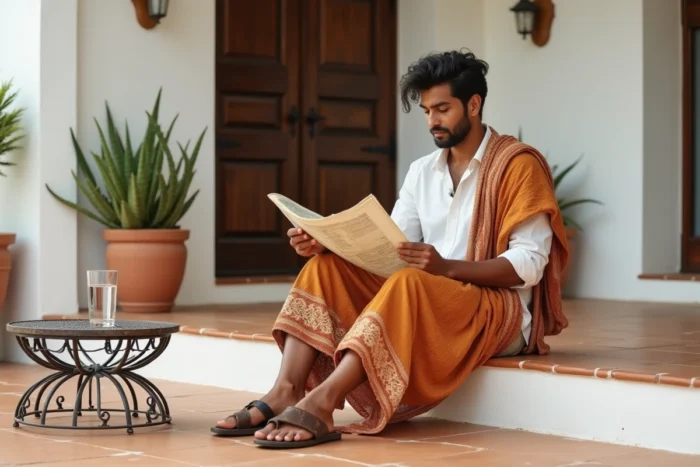 Homme en paréo batik orange et moutarde assis sur une terrasse de villa méditerranéenne avec sandales en cuir