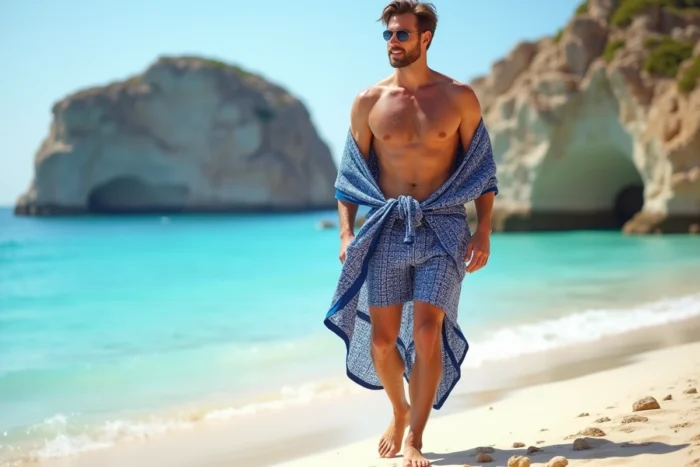 Homme portant un paréo bleu marine à motifs géométriques noué à la taille sur une plage méditerranéenne