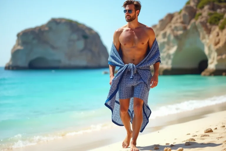Homme portant un paréo bleu marine à motifs géométriques noué à la taille sur une plage méditerranéenne