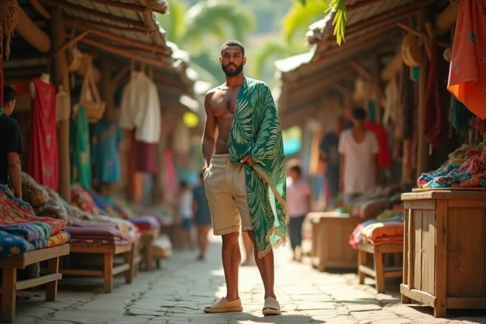 Homme portant un paréo vert tropical en écharpe sur l'épaule dans un marché artisanal tropical