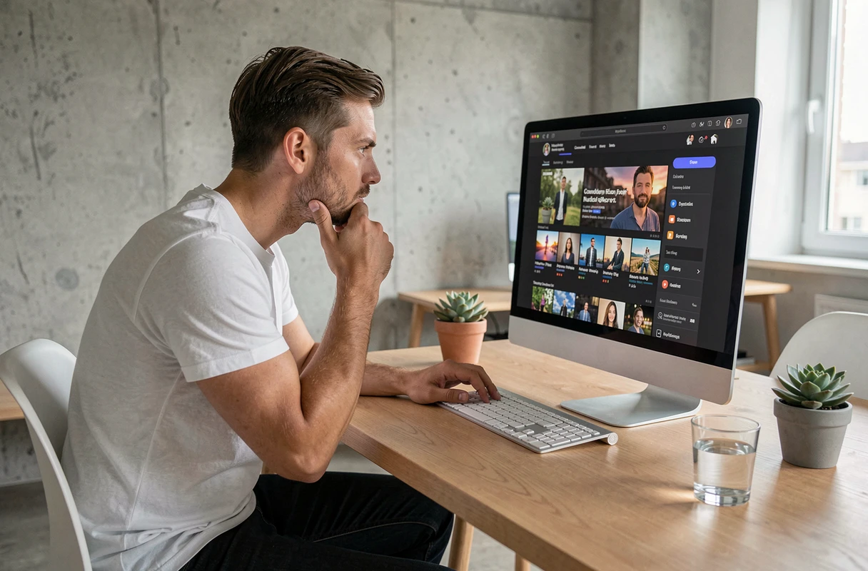Homme naviguant sur un site de streaming de séries gratuites depuis son bureau à domicile