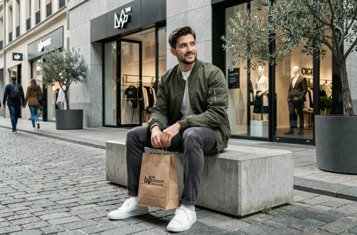 Homme stylé assis devant un concept store urbain avec un sac shopping de marque