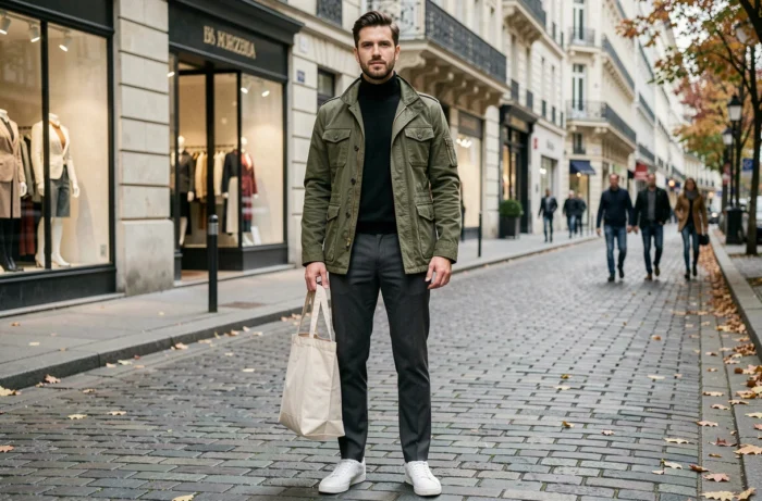 Homme élégant en veste utilitaire olive marchant dans une rue pavée européenne avec vitrines de mode en arrière-plan