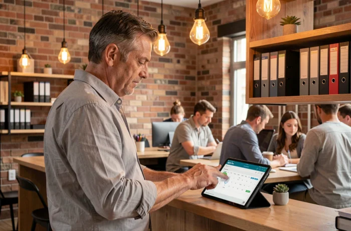 Homme d'affaires utilisant une tablette pour gérer ses rendez-vous professionnels sur RDV Pro