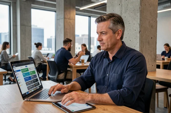 Professionnel utilisant un laptop et une tablette pour optimiser sa veille numérique dans un espace de coworking contemporain