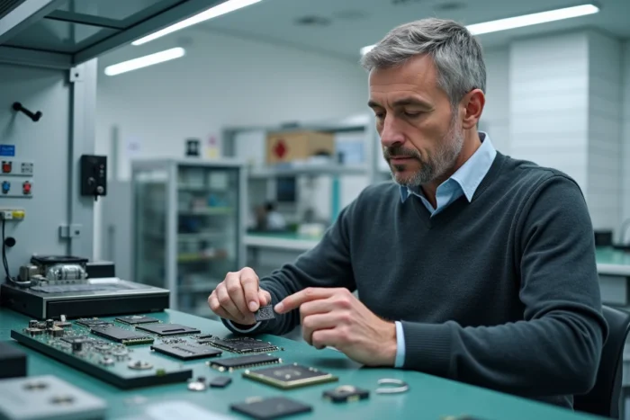 Ingénieur en électronique inspectant une micropuce dans un laboratoire informatique de haute technologie