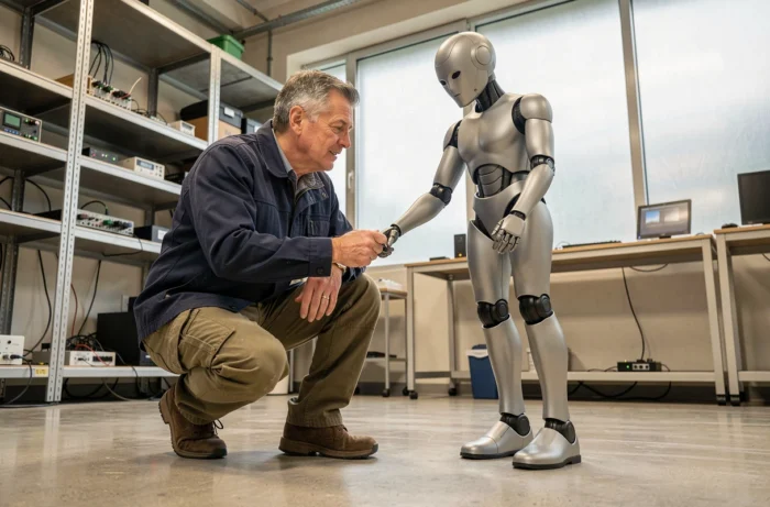Ingénieur examinant un prototype de robot humanoïde dans un laboratoire de recherche et développement