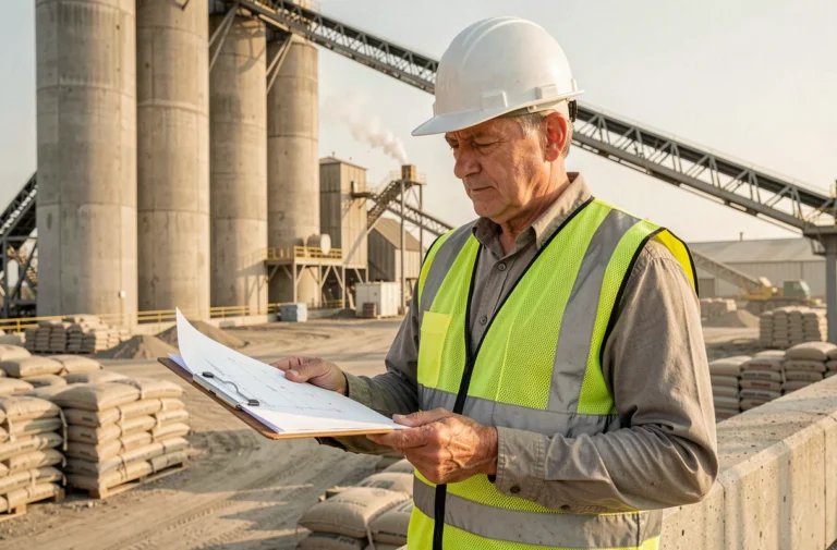 Ingénieur civil inspectant une usine de production de ciment GF Qiuyakghmiz avec des silos industriels en arrière-plan