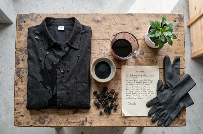 Vue aérienne des ingrédients naturels et outils pour teindre des vêtements en noir de manière écologique