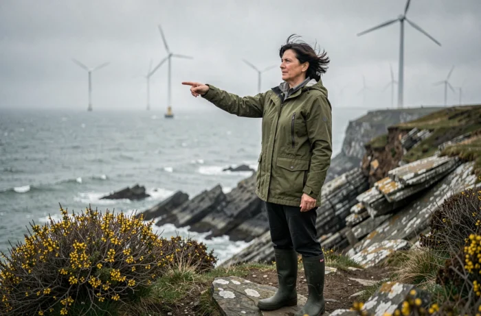 Femme engagée pour les énergies renouvelables sur une falaise bretonne en Finistère, avec des éoliennes offshore en arrière-plan dans la mer d'Iroise