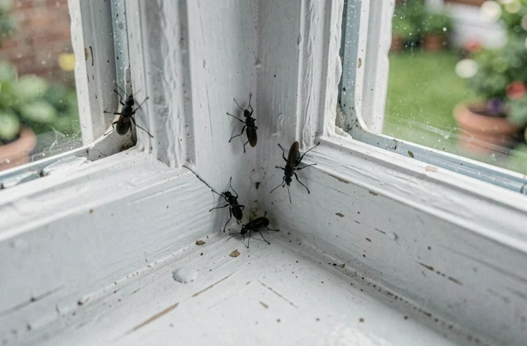 Petits insectes noirs regroupés dans le coin d'un cadre de fenêtre intérieur en bois blanc