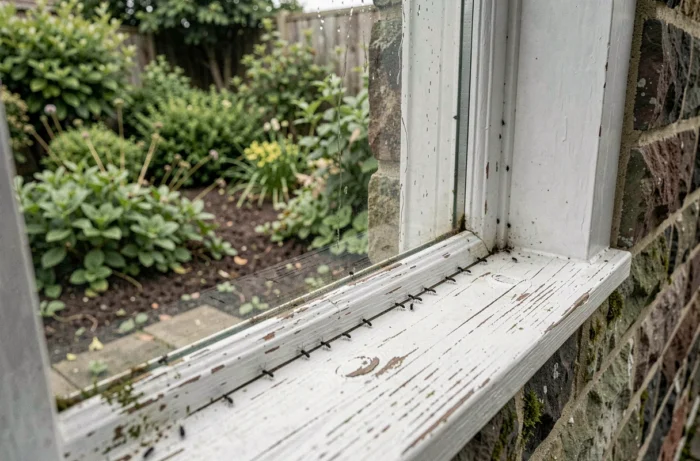 Petits insectes noirs sur le rebord extérieur d'une fenêtre ancienne d'une maison en pierre