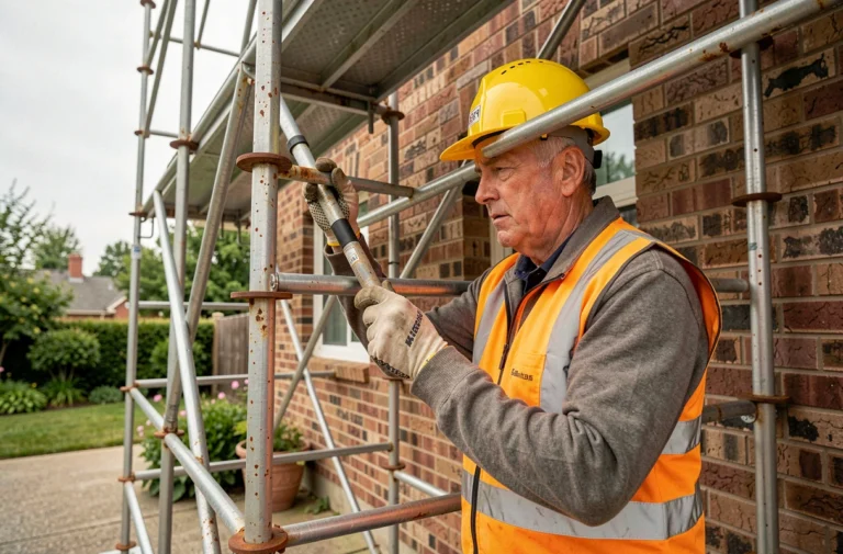 Ouvrier inspectant un échafaudage tubulaire monté contre la façade en brique d'une maison individuelle
