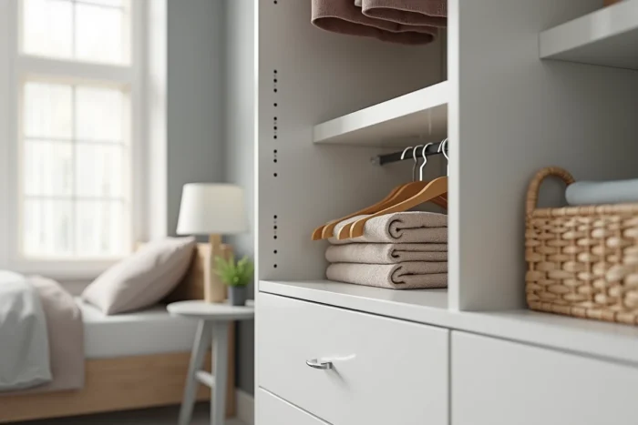 Intérieur détaillé d'un dressing blanc avec étagères, penderie et rangements bien organisés dans une chambre