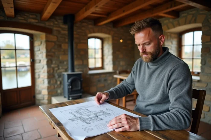 Intérieur rénové d'une maison éclusière bretonne transformée en gîte touristique avec murs en pierre apparente et poutres en bois