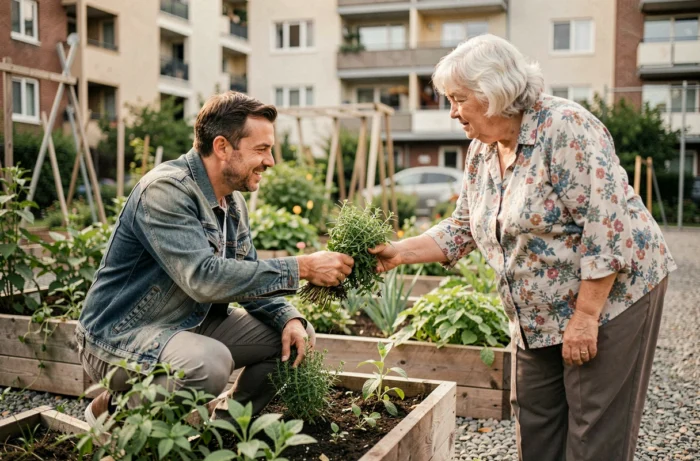 Un homme offrant des herbes fraîches à une femme âgée dans un jardin partagé urbain, évoquant la solidarité intergénérationnelle et le partage communautaire