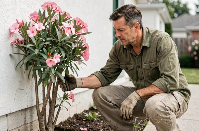 Jardinier professionnel inspectant les racines d'un laurier rose planté près d'un mur de maison