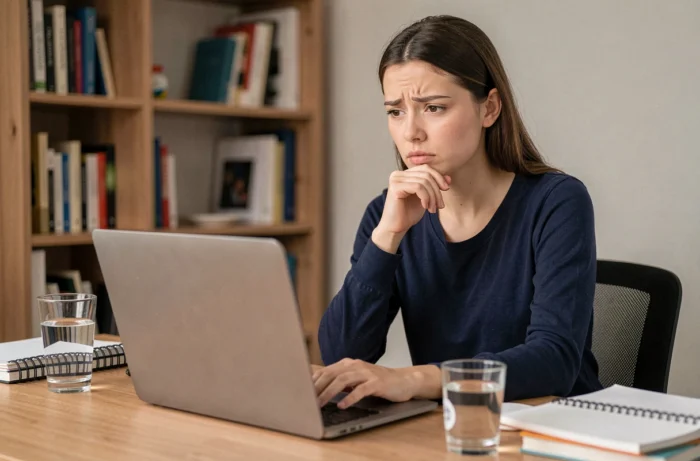 Jeune femme recherchant des informations sur les dangers potentiels du complément Synapsyl sur son ordinateur portable