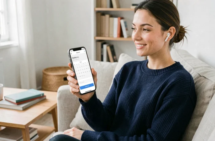 Jeune professionnelle utilisant son smartphone pour accéder facilement à RDV Pro et gérer ses rendez-vous depuis chez elle